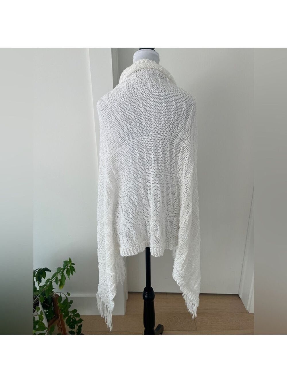 HANDMADE White Scarf Shawl Wrap Fringe Lacy Open Knit Coastal Travel Dainty Chic